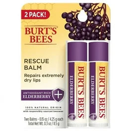 Burt's Bees 100% Natural Origin Rescue Lip Balm with Beeswax and Antioxidant-Rich Elderberry, 2 Tube in Blister Box, Package May Vary, Purpl