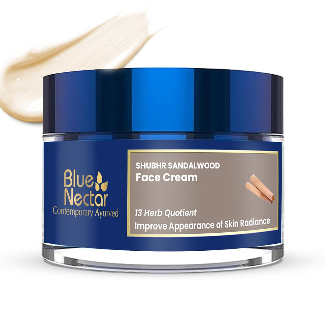 Blue Nectar Ayurvedic Sandalwood Radiance and Skin Brightening Cream | Moisturizing for Women for Daily Use | Face Cream for Women with Sun Protection (13 Herbs 50 g)