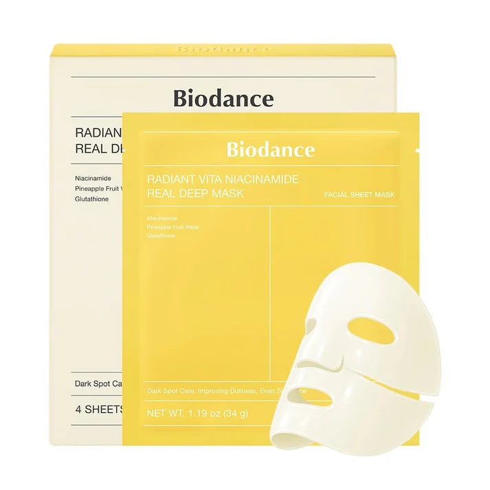 Biodance Radiant Vita Niacinamide Real Deep Mask, Brightening Facial Sheet Mask with Niacinamide, Pineapple Fruit Water & Glutathione, Dark Spot Care for Dull Skin, 4 Sheets