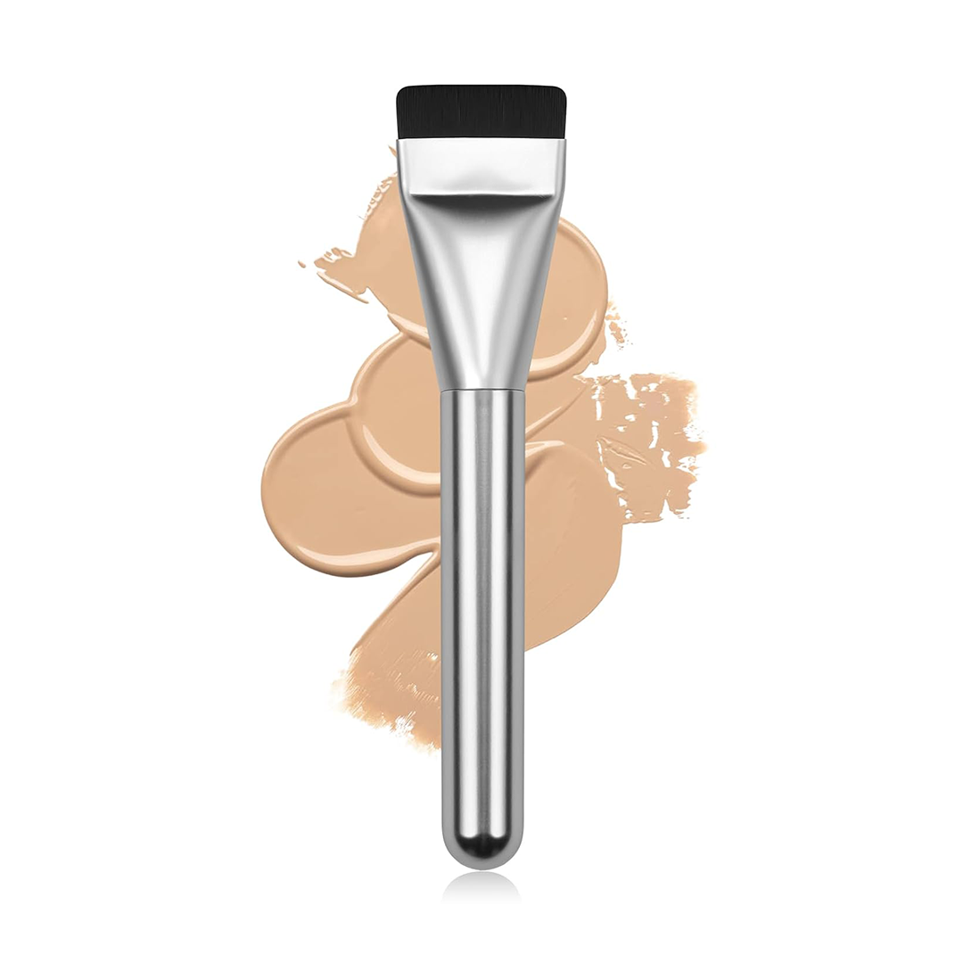 BEAUTYFACTOR Flat Foundation Brush,Korean Makeup Brush Spatula Facial Brush for Liquid Foundation,Premium Face Makeup Brush for Blending Cream (Silver)