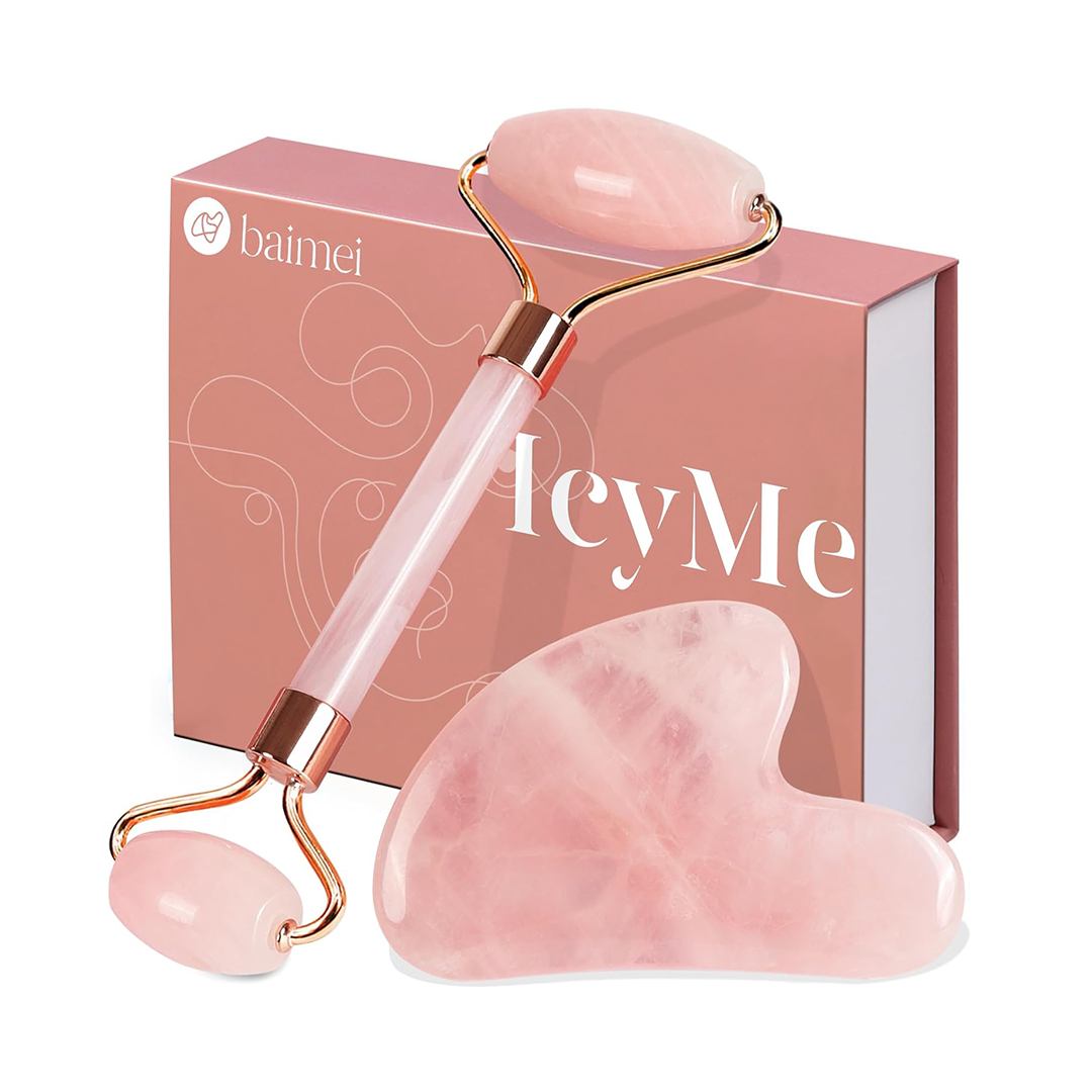 BAIMEI IcyMe Jade Roller & Gua Sha ƒ?? Rose Quartz Facial Massage & Anti-Redness Tool
