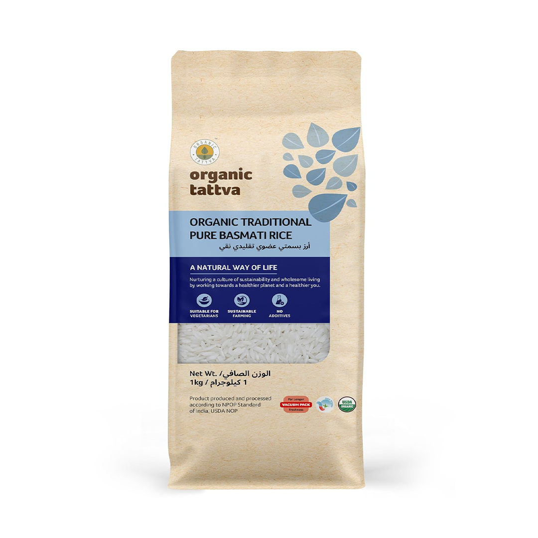 Organic Tattva Traditional Pure Basmati Rice 1kg Organic Long Grain Rice for Daily Cooking Biryani and Healthy Meals