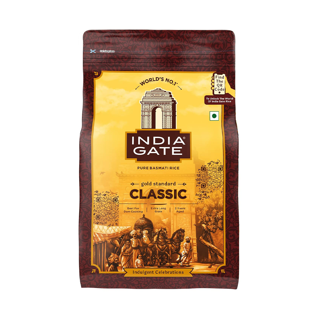 India Gate Classic Basmati Rice 1kg Pure Basmati Rice Extra Long Grain 2 Years Aged for Dum Cooking