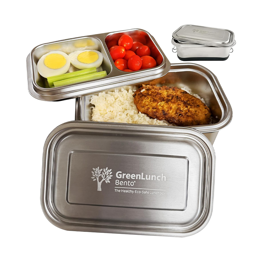 علبة طعام GreenLunch Bento 3 في 1 مصنوعة من الفولاذ المقاوم للصدأ للبالغين مع حامل للوجبات الخفيفة - تتسع لـ 6 أكواب من الطعام، مقاومة للكسر بنسبة 100%، مزودة بأقفال آمنة، صديقة للبيئة.