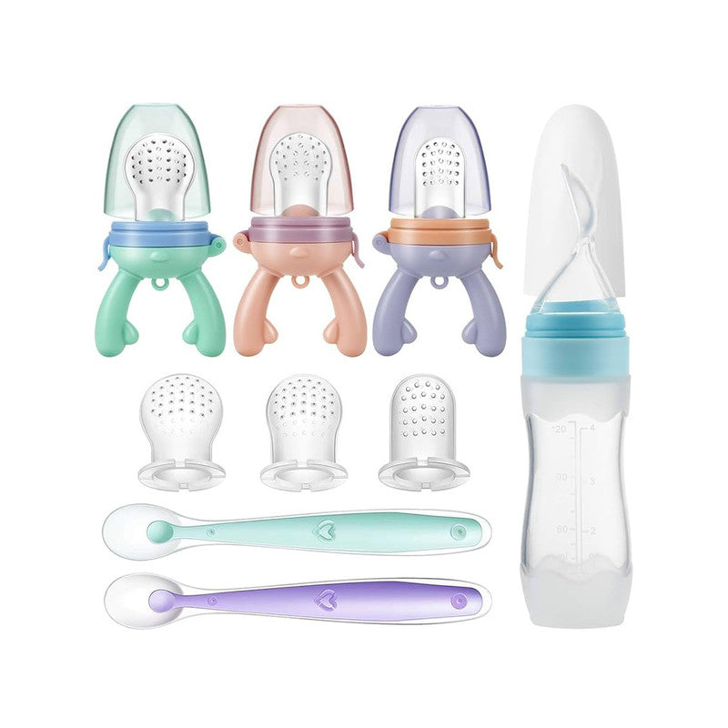 PandaEar Baby Fresh Fruit Food Feeder Nibbler Pacifier Teether (3 Pack) |Food Dispensing Spoon (1 Pack)| Food Grade Soft Safe BPA-Free Silicone Pouches (3 Extra)|Soft Spoons (2 Pack)