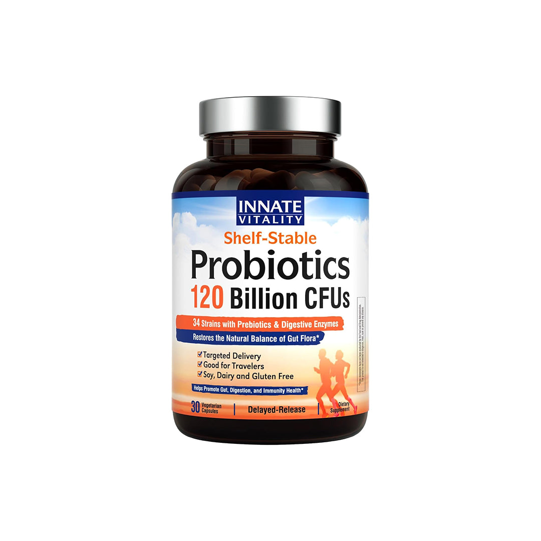 Innate Vitality 3-in-1 Probiotics 120 Billion CFUs 34 Strains with Organic Prebiotics & Digestive Enzymes - 30 Vegan Caps