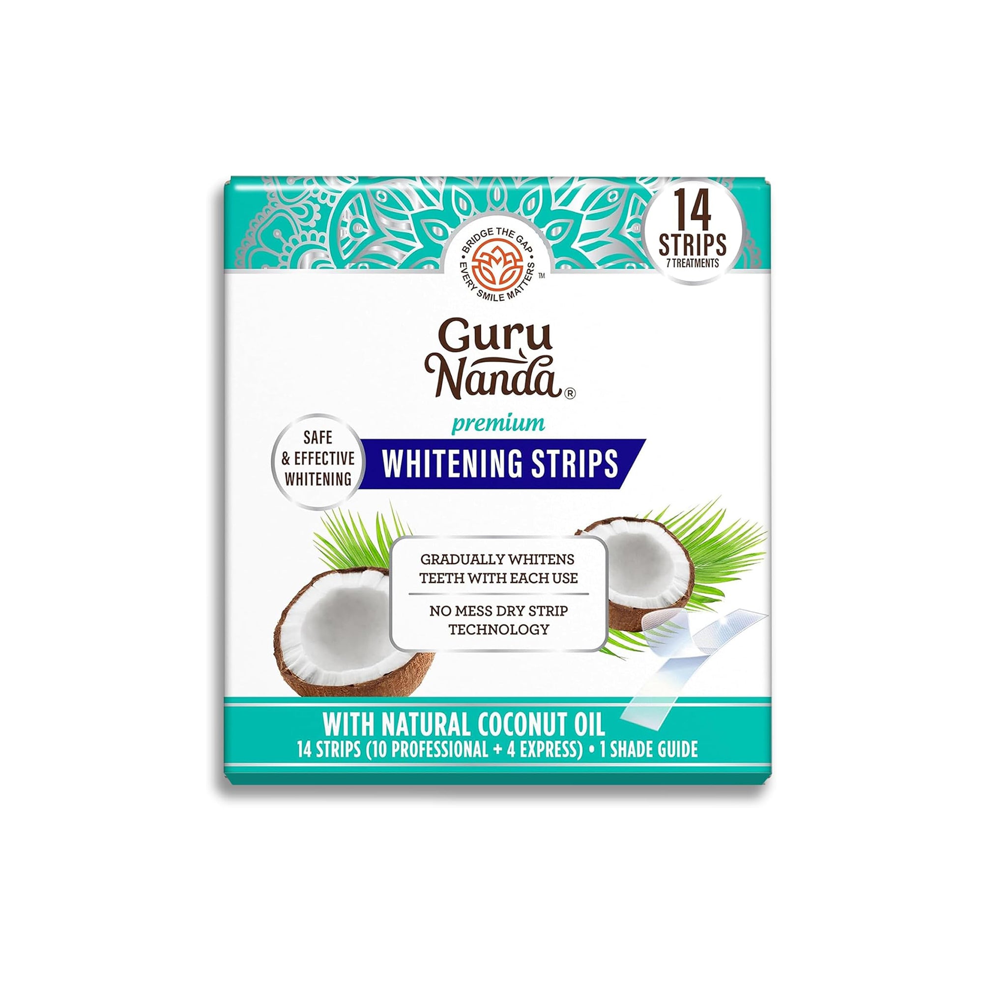 GuruNanda Express Whitening Strips – Coconut Oil Teeth Whitening for Sensitive Teeth, 14 Strips