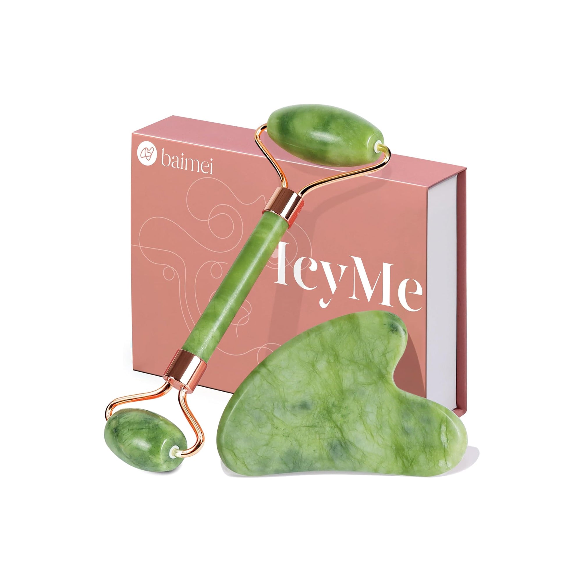 BAIMEI IcyMe Gua Sha & Jade Roller Set – Green, Puffiness & Redness Reduction