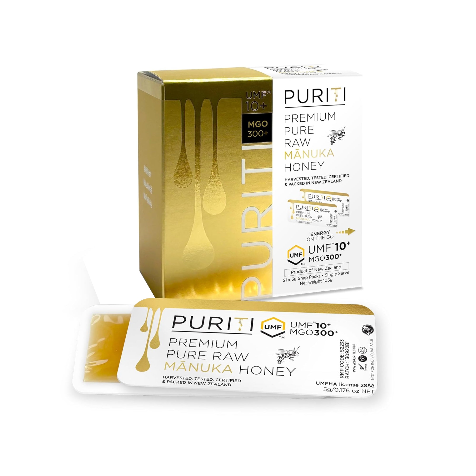PURITI Manuka Honey Snaps UMF 10+ ƒ?? Single Serve Travel Honey Packets (21 Pack)