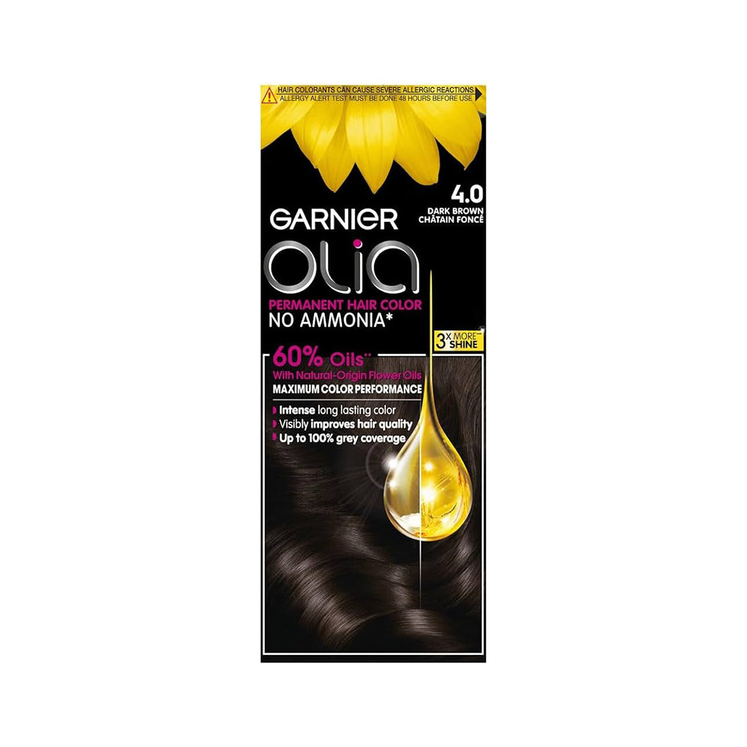 Garnier Permanent Hair Dye, Intense, Long-lasting Colour, Up to 100% Grey Hair Coverage, No Ammonia, 60% Oils, Olia, 4.0 Dark Brown