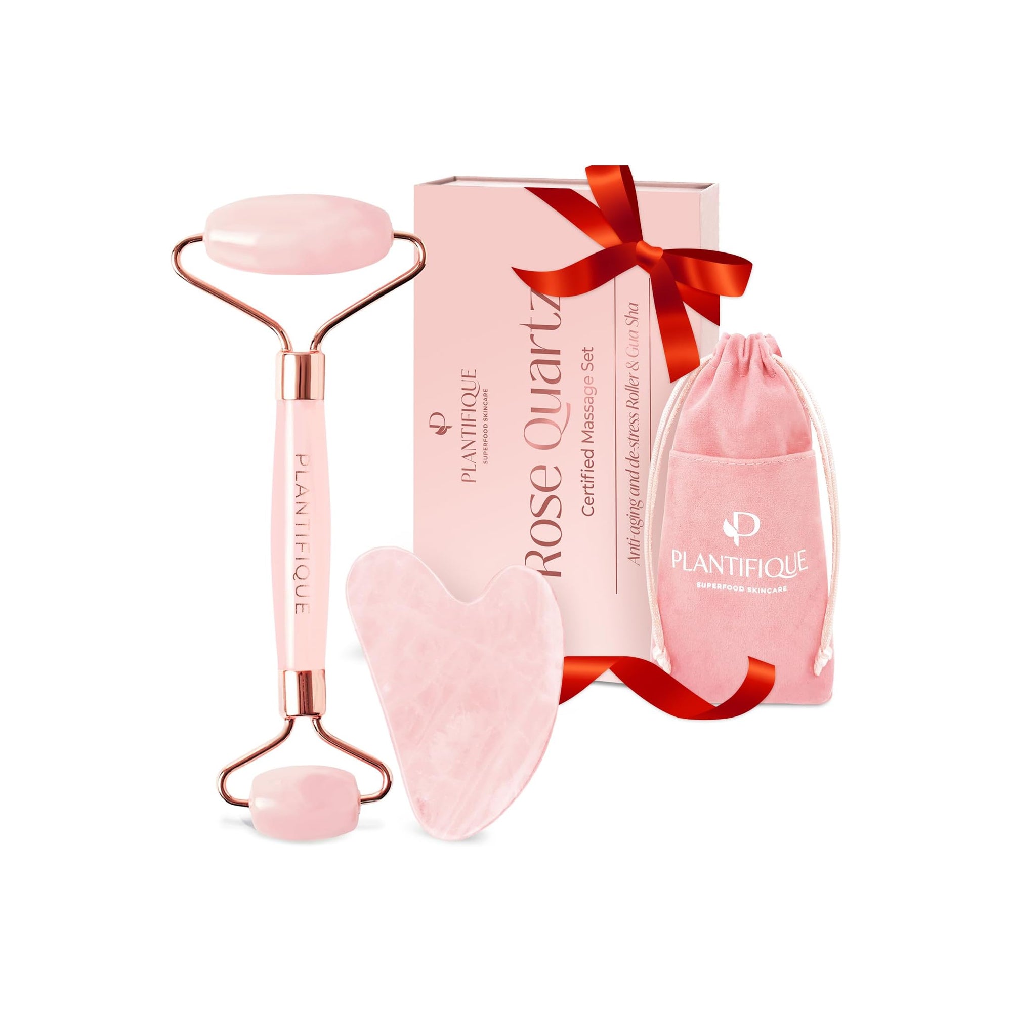 PLANTIFIQUE Rose Quartz Face Roller & Gua Sha – Jawline Shaper & Skincare Tool