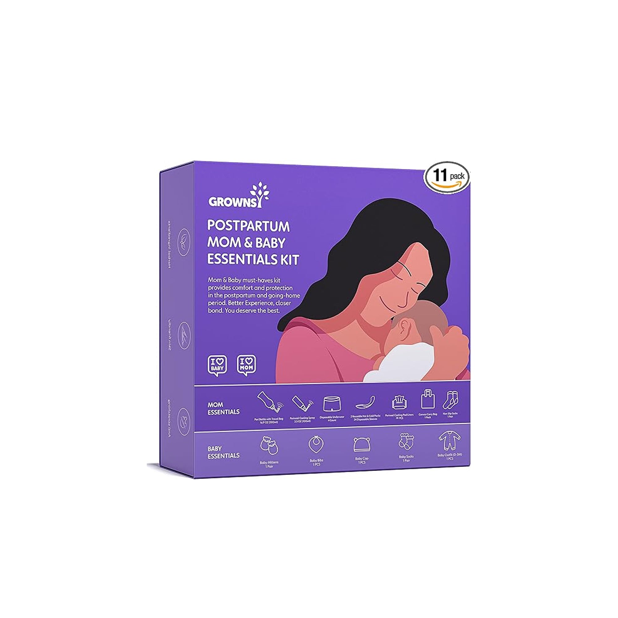 Grownsy Postpartum Mom & Baby Essential Kits, Postpartum Recovery Kit for Labor &Delivery with Hospital Essentials for Women After Birth with PERI Bottle, Herbal Cooling Spray, Herbal Cooling Liner