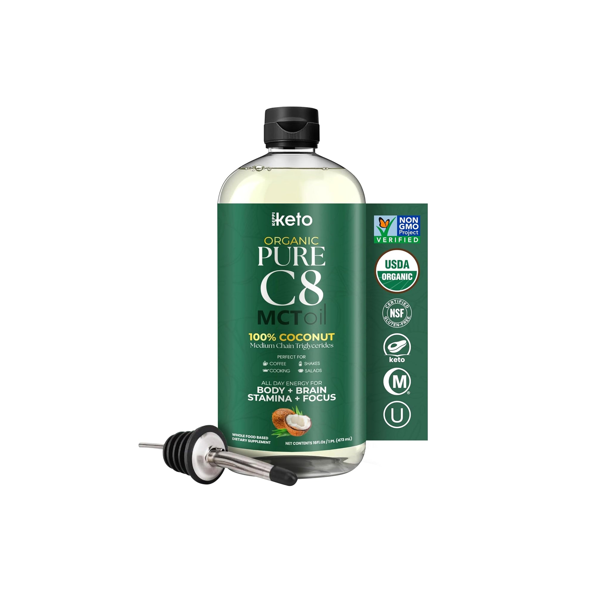 Keppi Organic C8 MCT Oil ƒ?? Flavorless Coconut Oil, Non-GMO, 16 oz