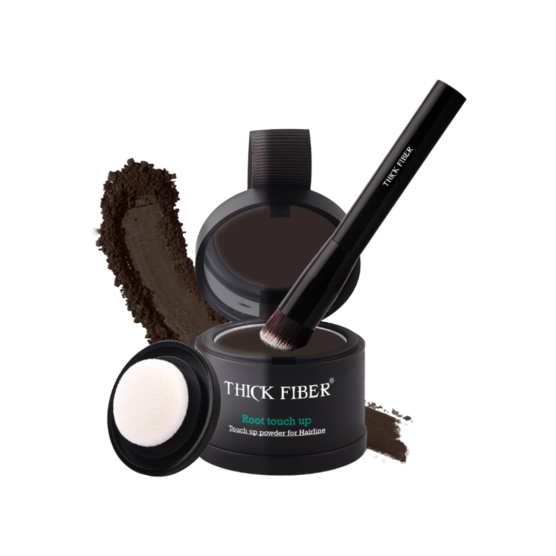 THICK FIBER Root Touch Up & Hairline Powder for Grey Root Coverage & Thin Hair – Water & Sweat Resistant with Precise Brush – Hair Loss Concealer for Roots, Bald Spots & Fill-In (Dark Brown)