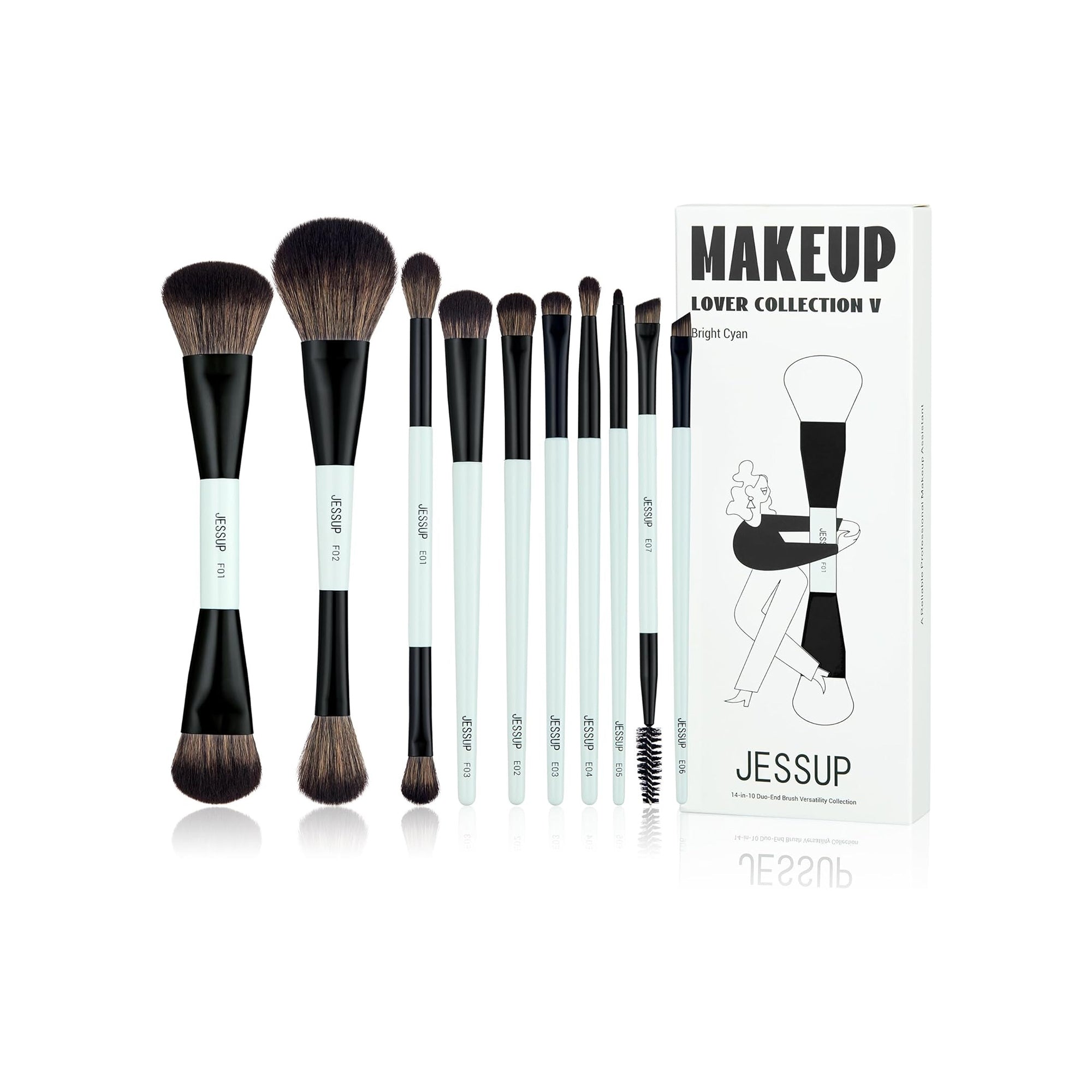 Jessup Makeup Brushes Set – 10-Piece Double-Sided Brush Kit for Face & Eyes | Bright Cyan