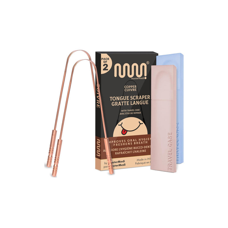 MasterMedi Copper Tongue Scraper Set of 2 with Travel Case for Adults Oral Care and Hygiene