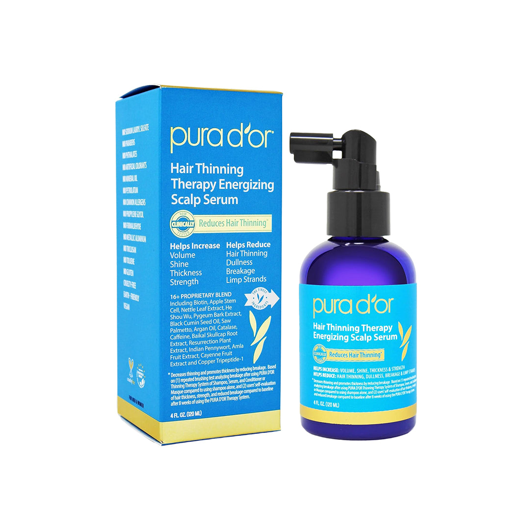 PURA D'OR Hair Thinning Therapy Energizing Scalp Serum Revitalizer (4oz) with Argan Oil, Biotin, Caffeine, Stem Cell, Catalase & DHT Blocker