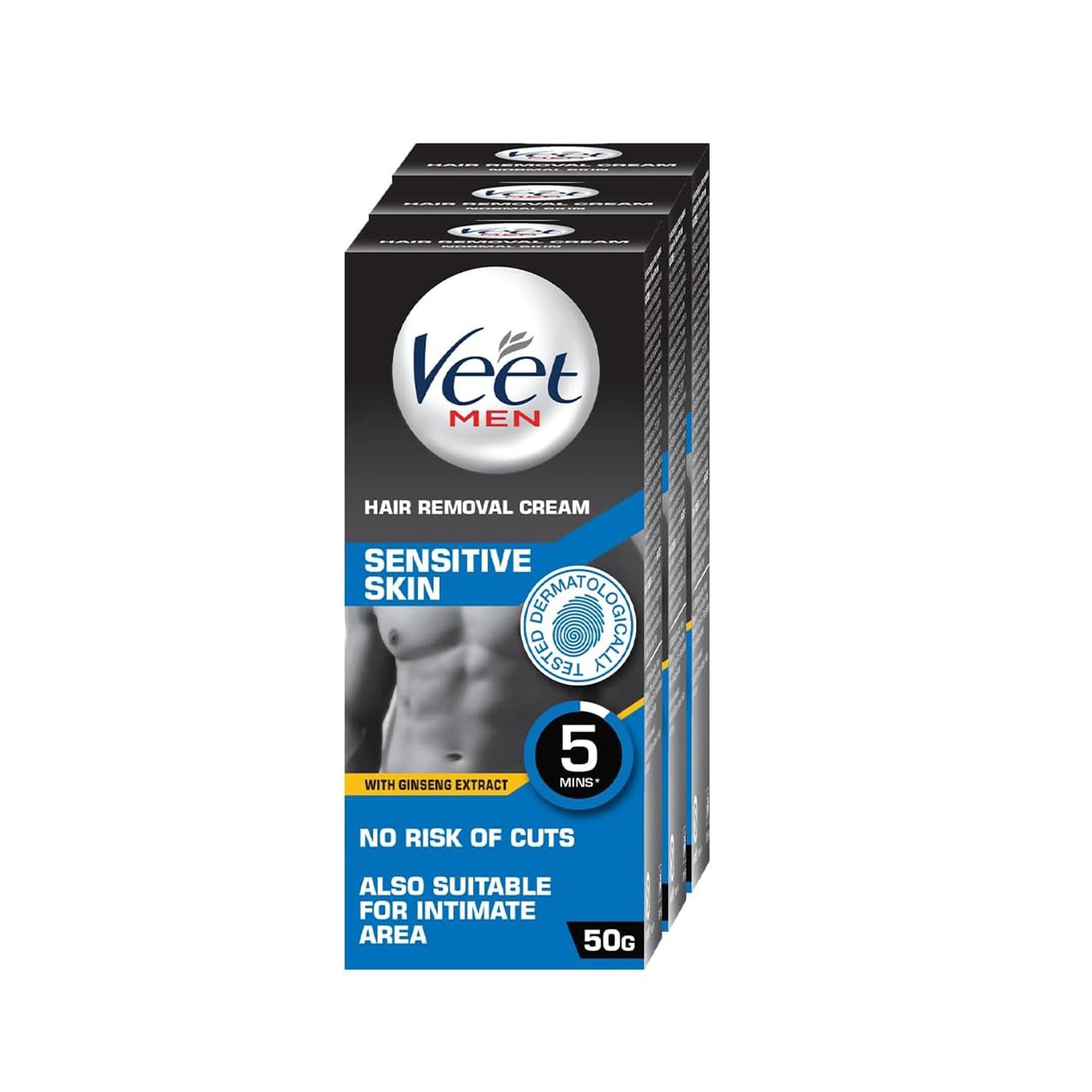 Veet Men Hair Removal Cream – Sensitive Skin Formula for Body & Intimate Areas | 50 g (Pack of 3)