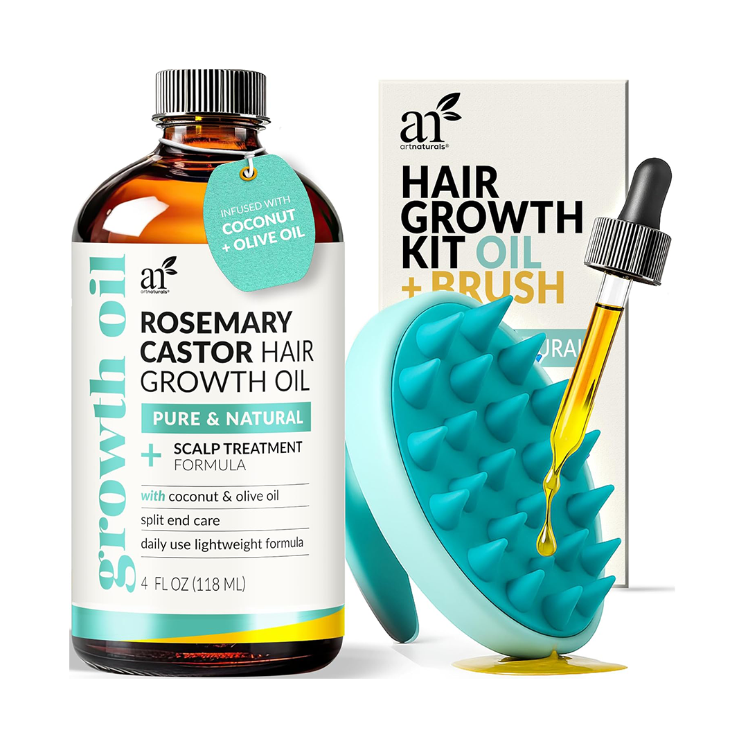 ArtNaturals Rosemary Castor Hair Oil & Scalp Massager Set 4 oz Hair Growth Oil