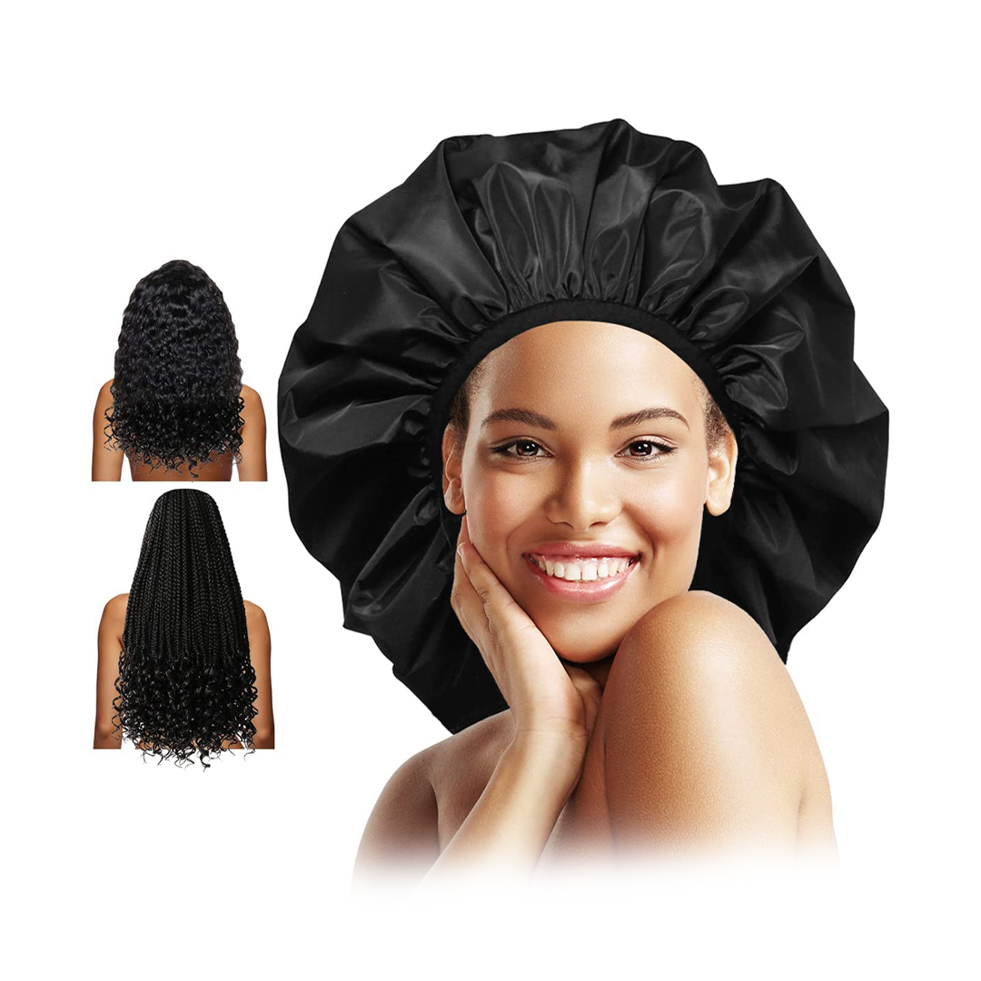 Auban Extra Large Shower Cap, Double-Layer Waterproof Reusable Satin Lining Shower Bonnet for Women Long Hair, Braids, Locs, perms