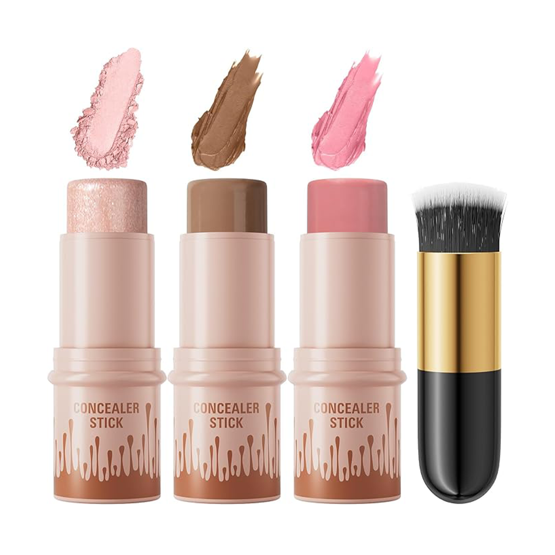 3 Colors Cream Contour Sticks Kit, Contour & Highlighter & Blush Makeup Set, Blusher Bronzer Highlighting Sticks for Cheek, Long Lasting & Smooth Natural Face Contouring Illuminator