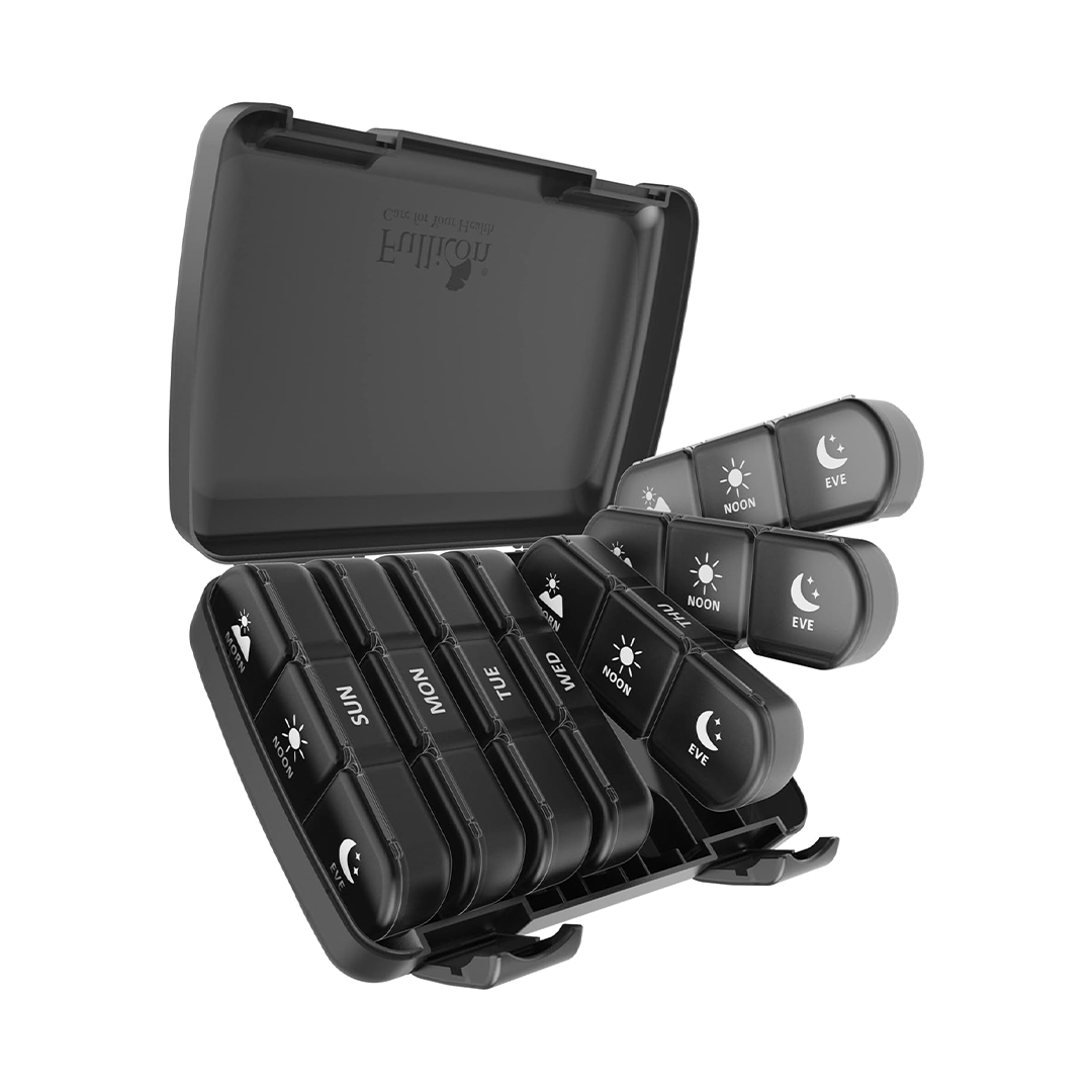 Fullicon Portable Travel Medicine Organizer 3 Times 7 Days 21 Compartments Light-Proof Pill Box | Weekly Daily Vitamin & Medication Storage Case