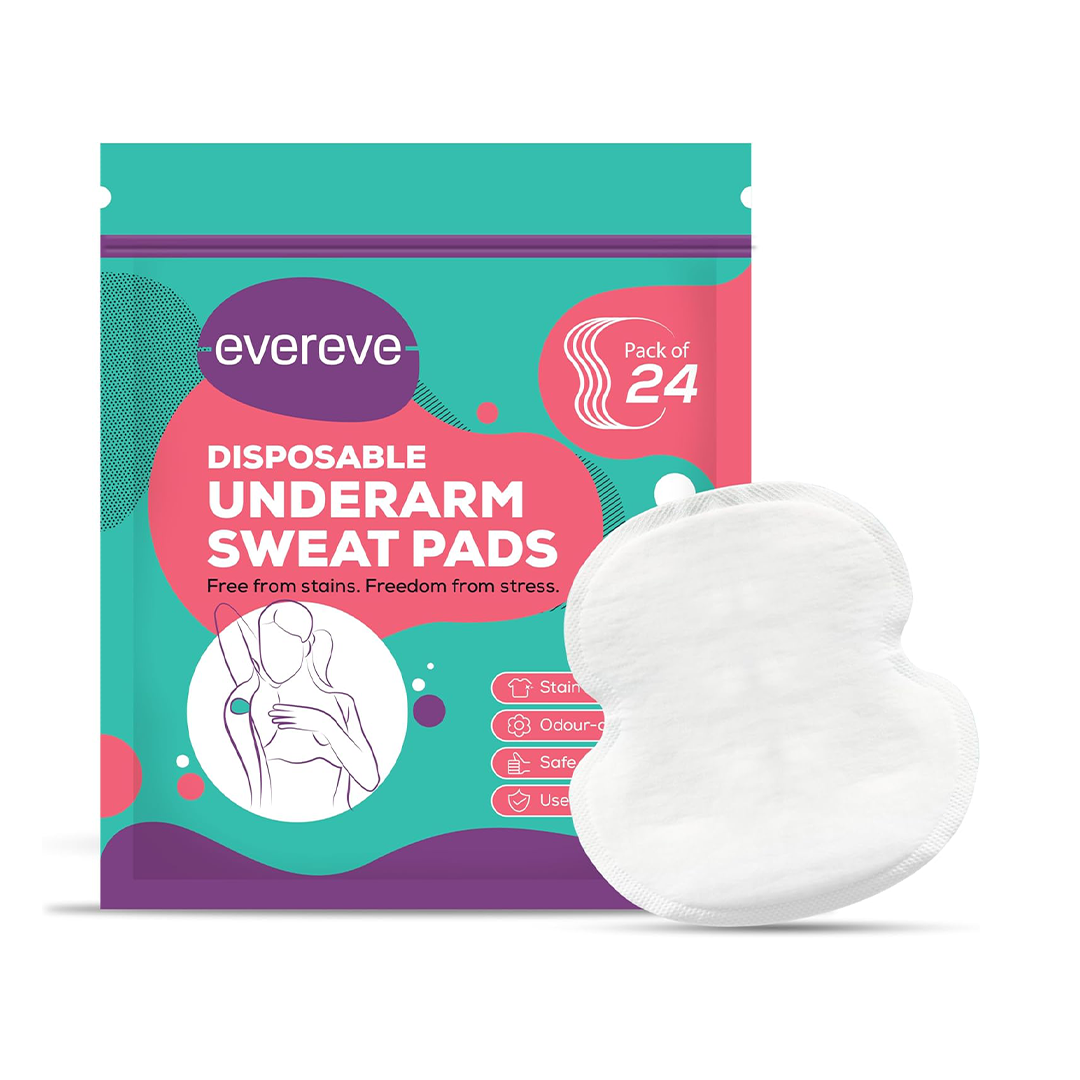 Evereve Disposable Underarm Sweat Pads 24 Pack Sweat Absorbent Odor Control Stain Proof Anti Bacterial Pads for Men and Women