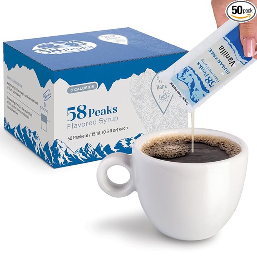 58Peaks Sugar-Free Vanilla Syrup Packets ƒ?? To-Go Flavoring for Coffee, Tea & Milkshakes | Low-Calorie Drink Sweetener
