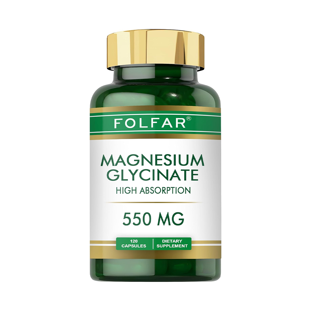 Folfar Magnesium Glycinate 550mg, 120 Capsules, Improves Sleep, Calm, Stress Relief, Supports Nerve, Muscle, Bone & Heart Health, Vegan, Third Party...