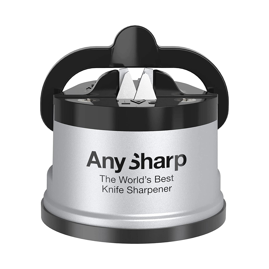 AnySharp Hands Free Knife Sharpener Premium Silver Compact Safety Knife Sharpener for Kitchen Knives