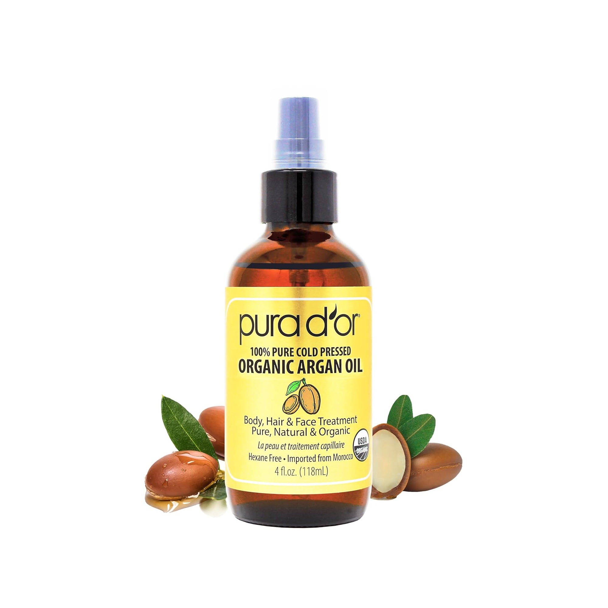 PURA DOR Organic Moroccan Argan Oil 100% Pure Cold-Pressed, 4 oz