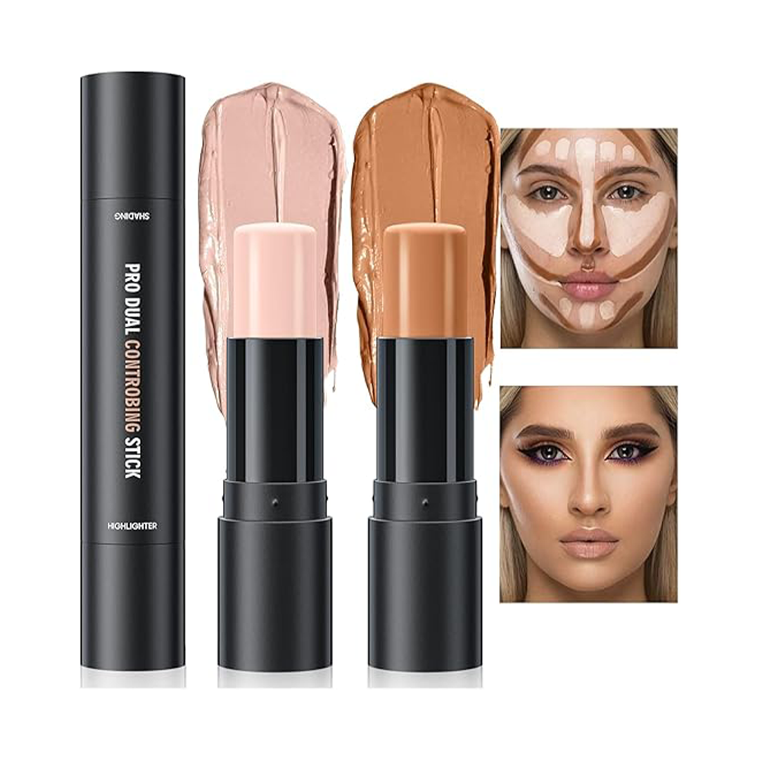 2 in 1 Highlighter and Contour Stick Cream Bronzer Waterproof Long Lasting Face & Body Makeup Contouring Stick Ivory Dark Brown