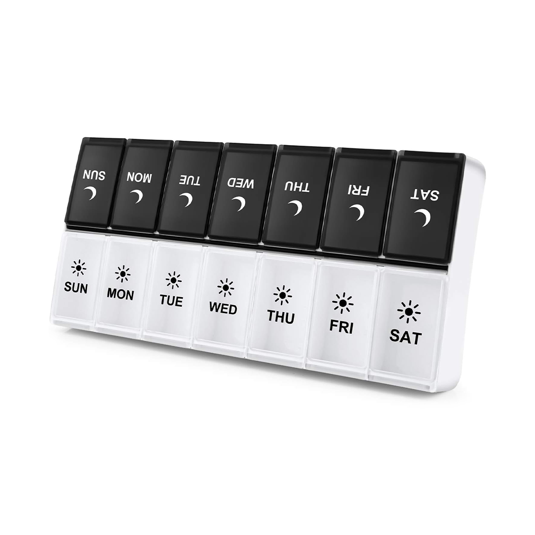 DANYING Large Pill Organizer 2 Times a Day, Weekly Pill Box 2 Per Day, AM PM Pill Case, Day Night Pills Container 7 Day, Vitamin Case Twice a Day, Black & White
