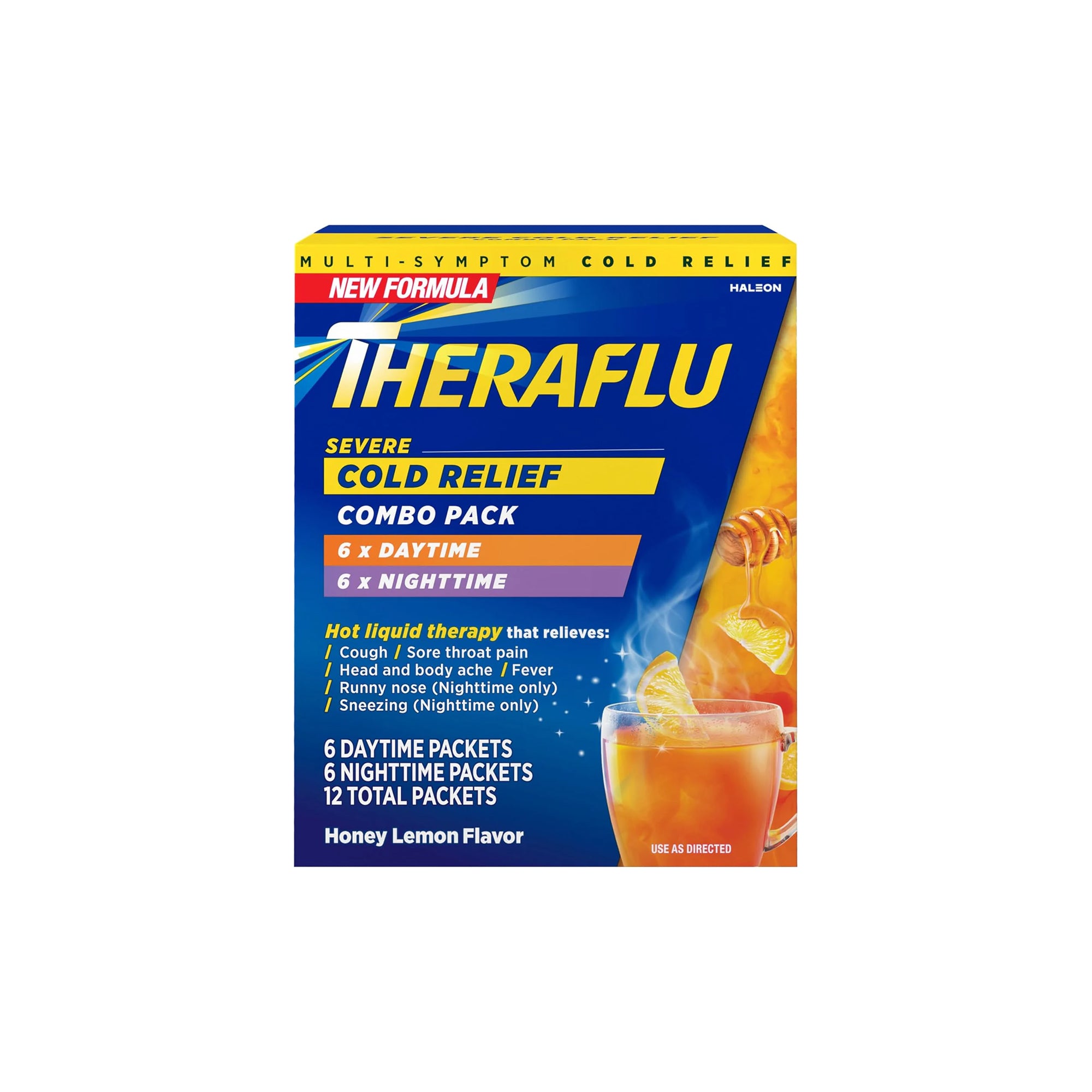 Theraflu Combo Daytime and Nighttime Severe Cold Relief Powder, Honey Lemon Flavor, 12 Count, 6 Daytime + 6 Nighttime
