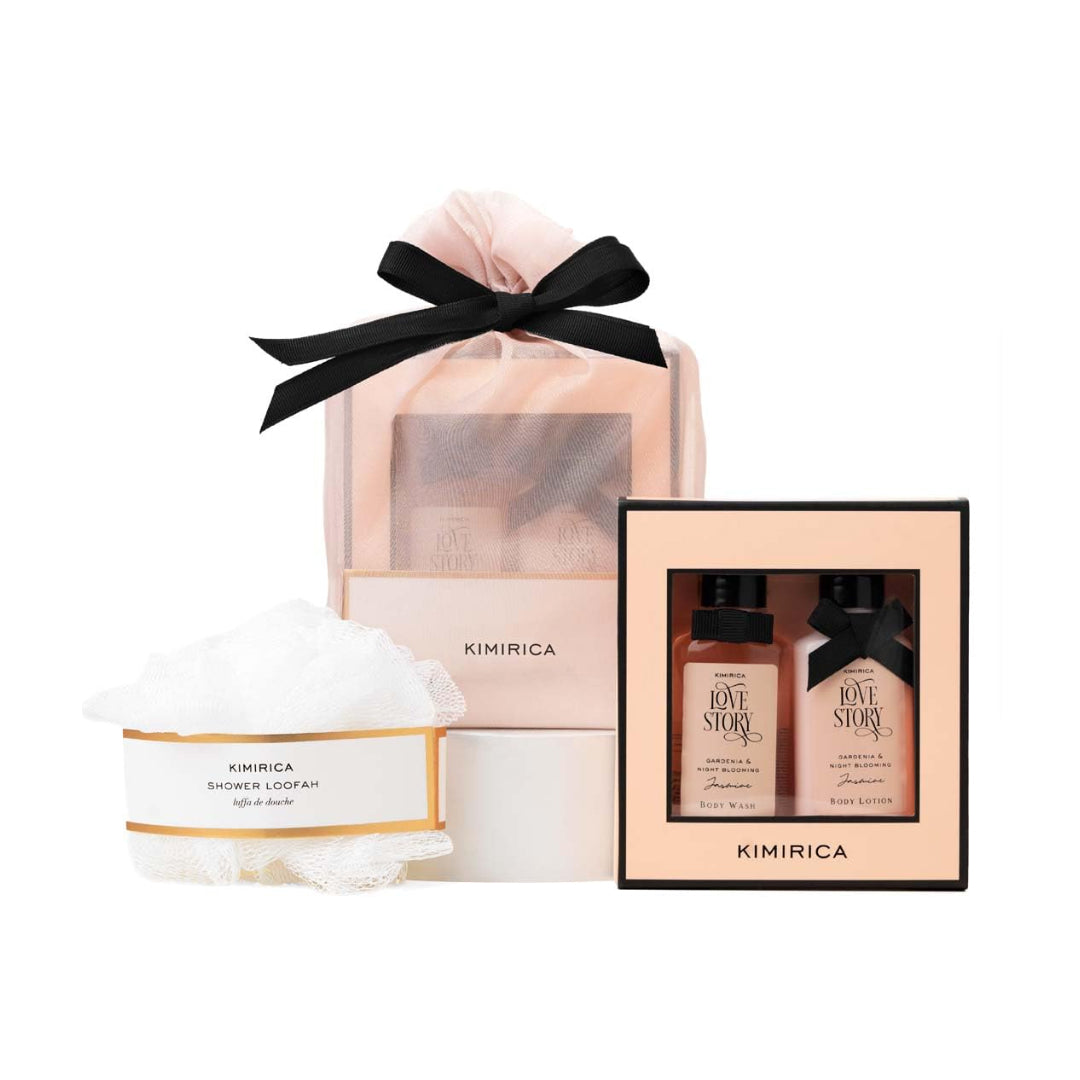 Kimirica "Nothing But Love" Duo Potli gift set | Fragrance of Gardenia and Night Blooming Jasmine | Contains Shower gel, Body Lotion, Loofah and Resuable Potli (50 ml each)