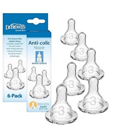 Dr. Brown’s Narrow Level 3 Anti-Colic Nipples, Medium-Fast Flow, 6m+, 6-Pack