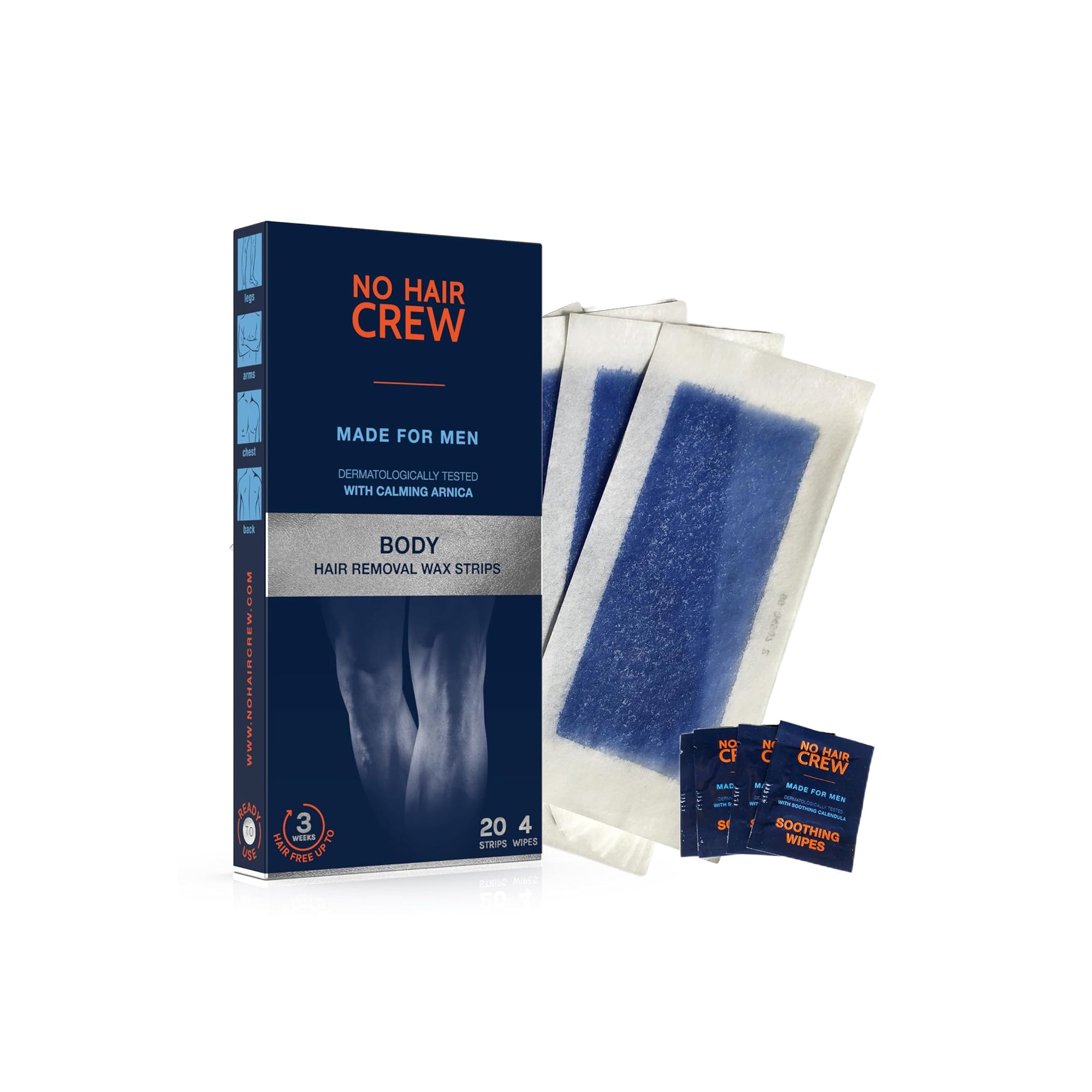 No Hair Crew Premium Body Wax Strips for Men ƒ?? 20 Strips + Soothing Wipes