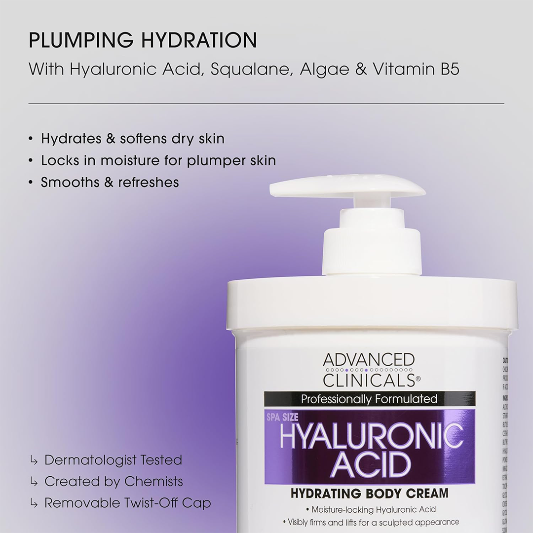 Advanced Clinicals Hyaluronic Acid Body Cream with Vitamin E Deep Hydration Moisturizer for Dry Skin | For Women & Men