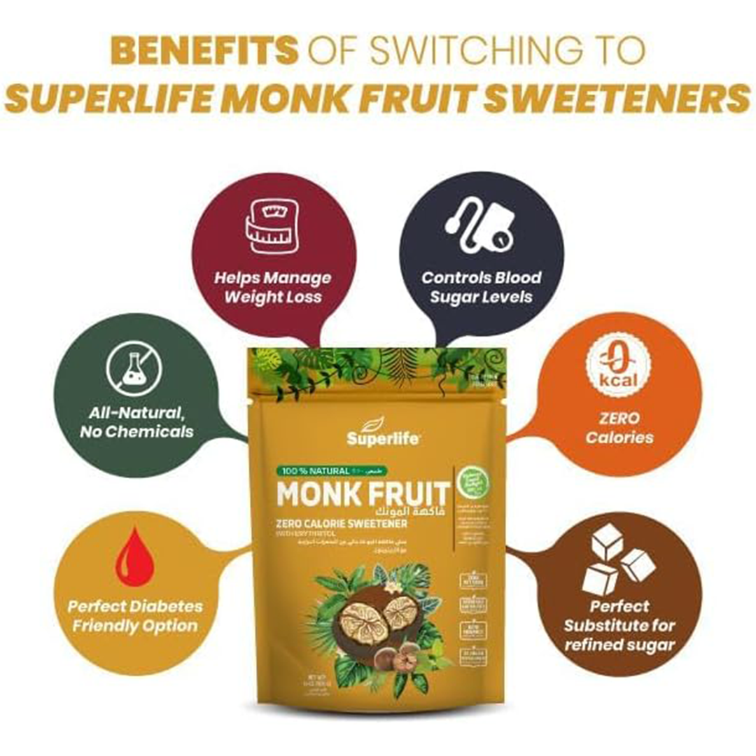 Superlife Monk Fruit Zero Calorie Sweetener (454g) The "1:1" Natural Sugar Replacement