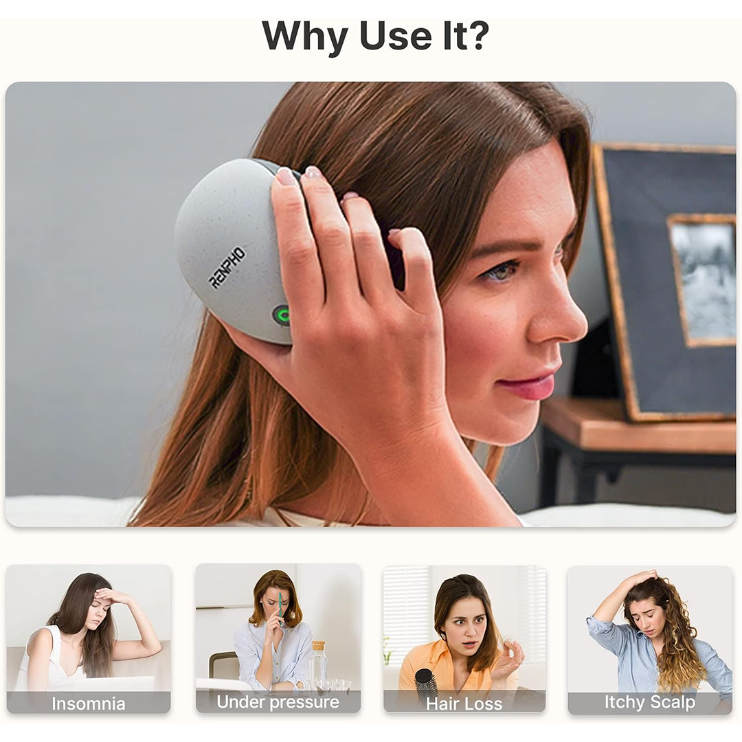 Electric Scalp Massager, RENPHO Waterproof Portable Head Massager with 4 Replacement Massage Heads, Handheld Head Scratcher for Hair Growth,