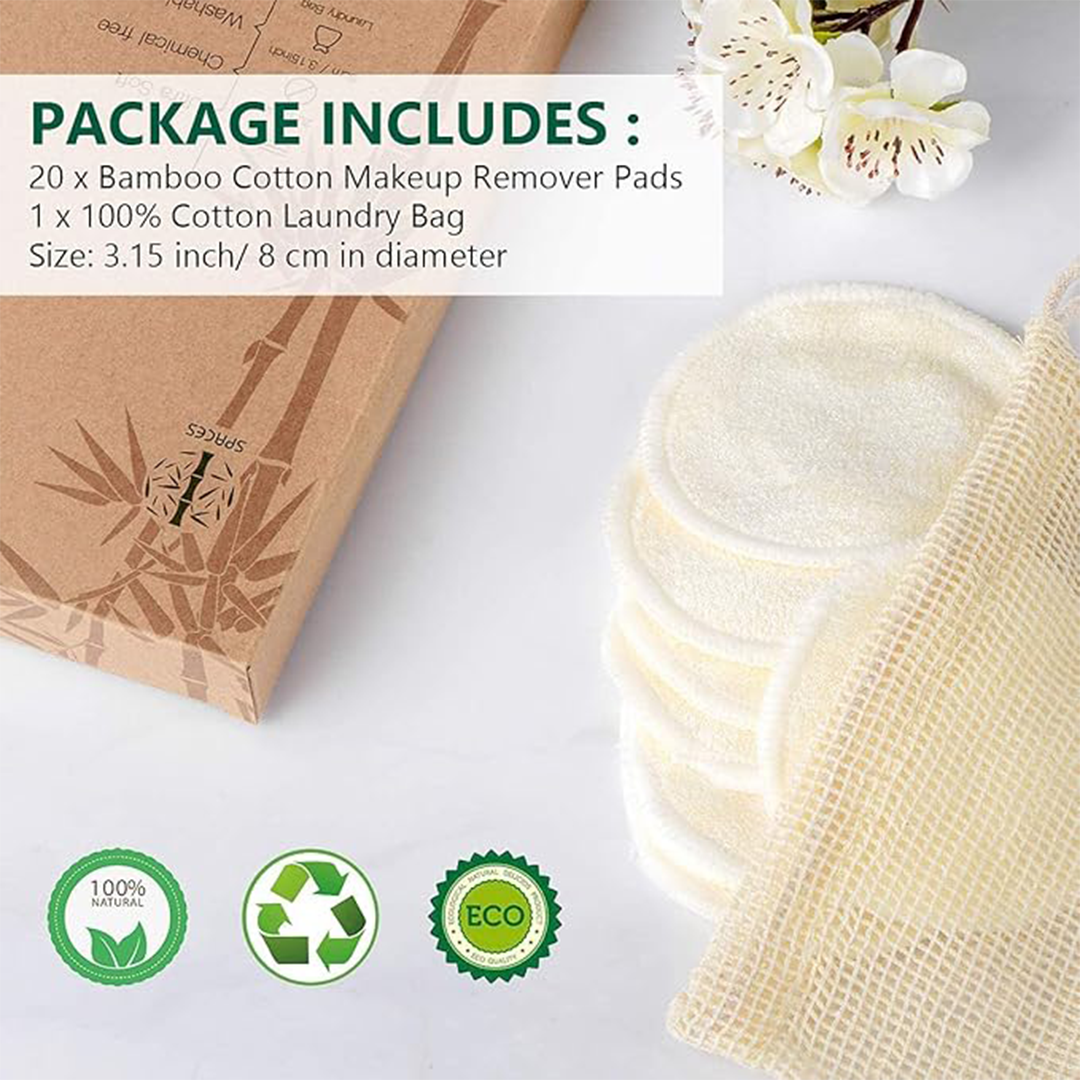 20 Packs Organic Reusable Makeup Remover Pads, Washable Eco-Friendly Natural Bamboo Cotton Rounds for All Skin Types with Cotton Laundry Bag