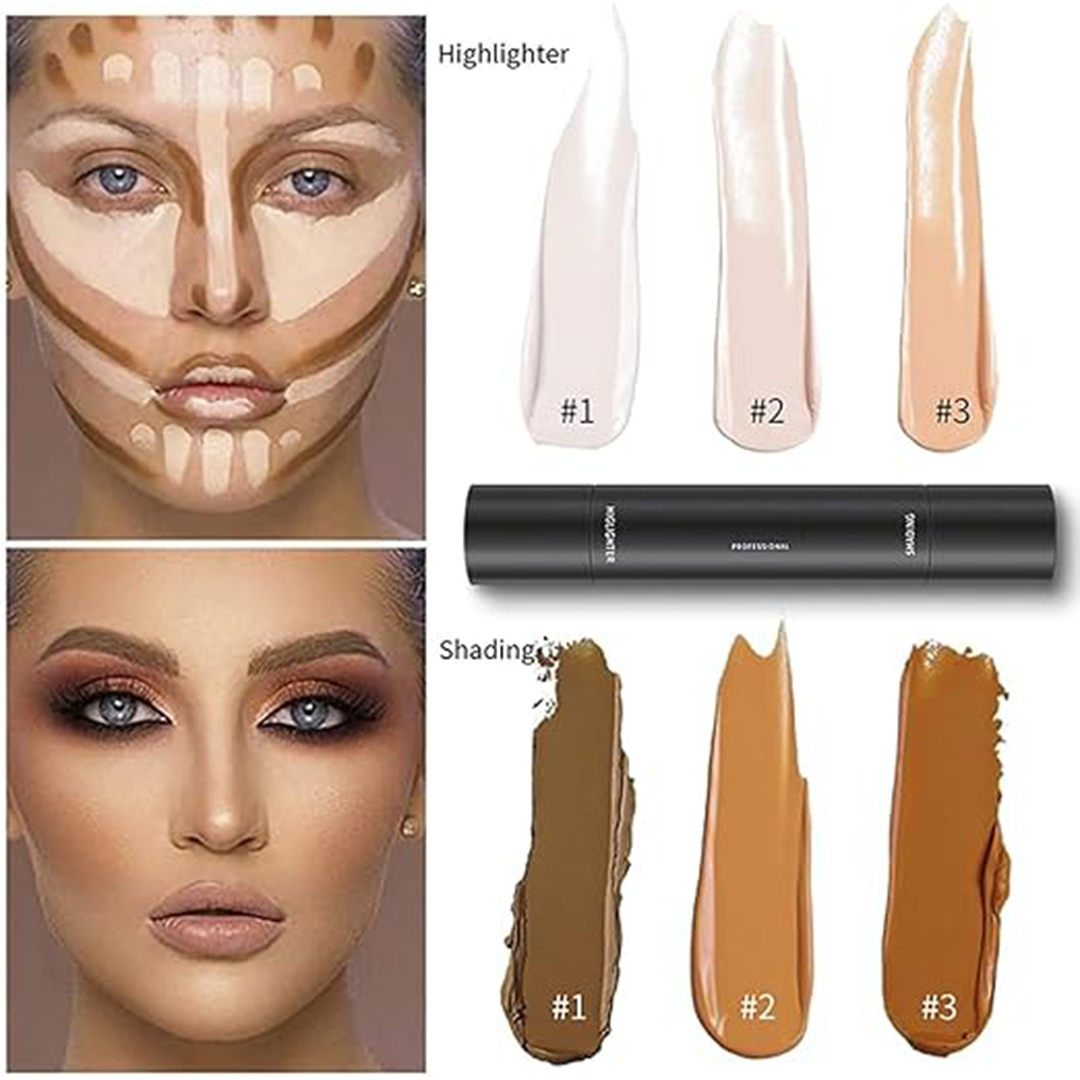 2 in 1 Highlighter and Contour Stick Cream Bronzer Waterproof Long Lasting Face & Body Makeup Contouring Stick Ivory Dark Brown