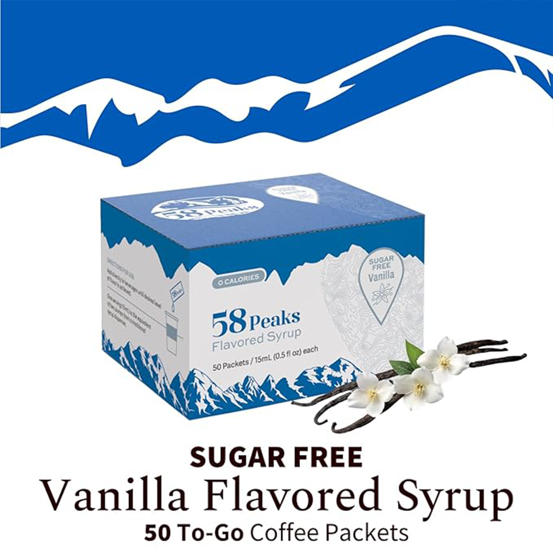 58Peaks Sugar-Free Vanilla Syrup Packets ƒ?? To-Go Flavoring for Coffee, Tea & Milkshakes | Low-Calorie Drink Sweetener