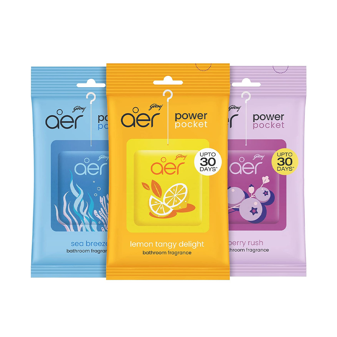 Godrej Aer Power Pocket | Air Freshener- Bathroom And Toilet | Lasts Up To 30 Days | Assorted Pack Of 3 (30G)