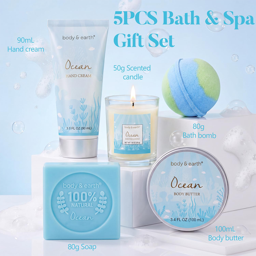Gifts for Women BODY & EARTH Birthday Gifts for Women, Gift Set 5Pcs Ocean Bath Spa Gift Set, Women's Gift Baskets Travel Kit, Skin Care Sets, Gift...