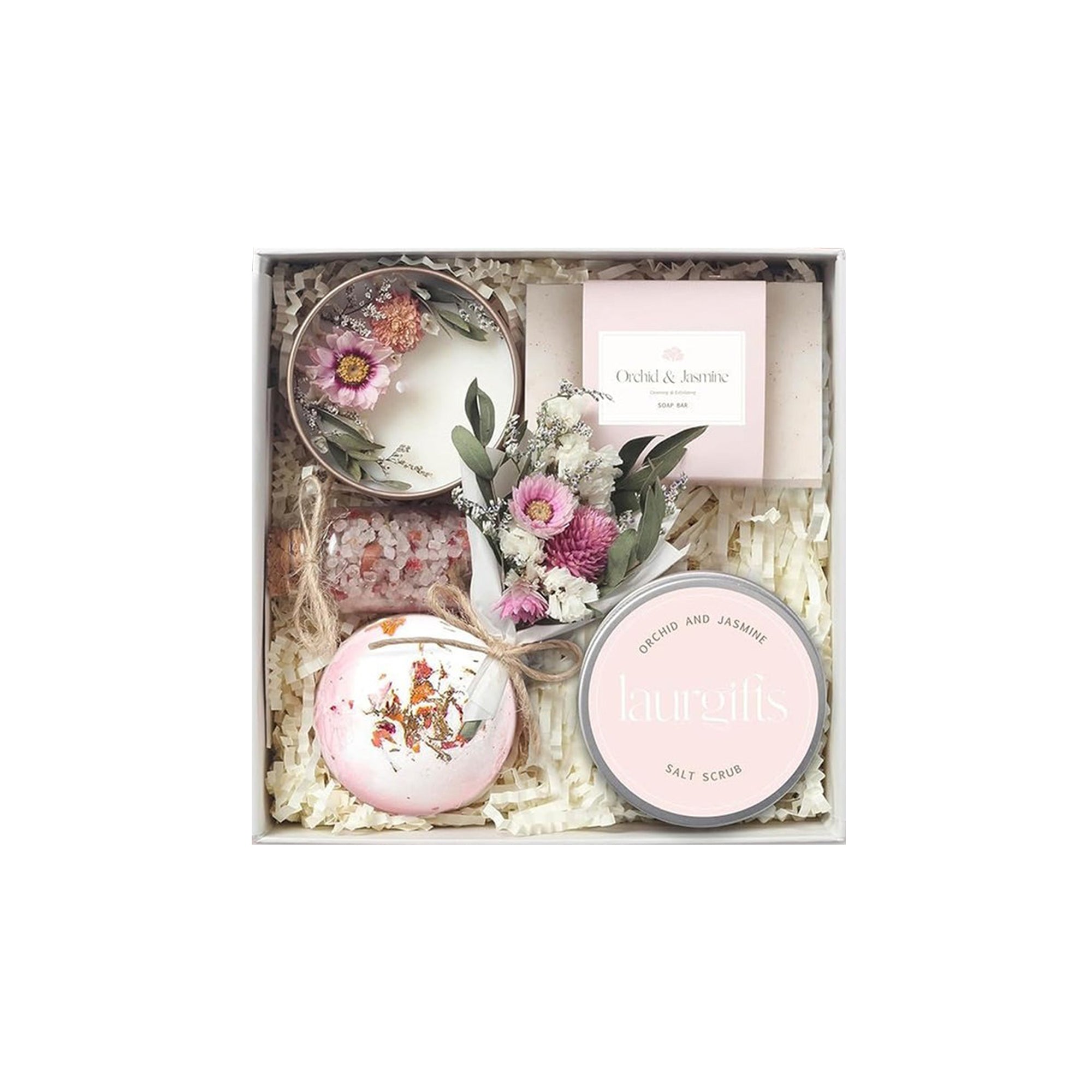 Spa Gift Box for Women Orchid & Jasmine Scent Luxury Self-Care Gift for Birthday, Christmas, Eid or Ramadan & Birthday Gift for Women Small Spa Basket for Mom, Sister, Friend