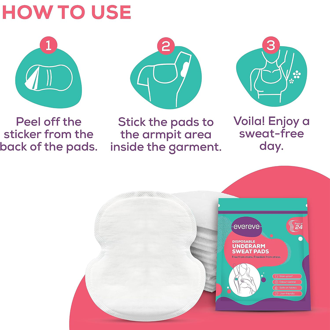 Evereve Disposable Underarm Sweat Pads 24 Pack Sweat Absorbent Odor Control Stain Proof Anti Bacterial Pads for Men and Women