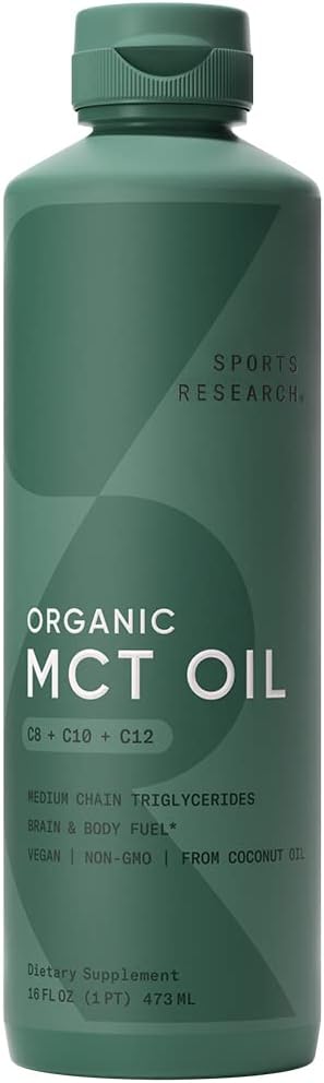 Sports Research Keto MCT Oil from Organic Coconuts - Fatty Acid Fuel for Body + Brain - Triple Ingredient C8, C10, C12 MCTs - Perfect 473mL