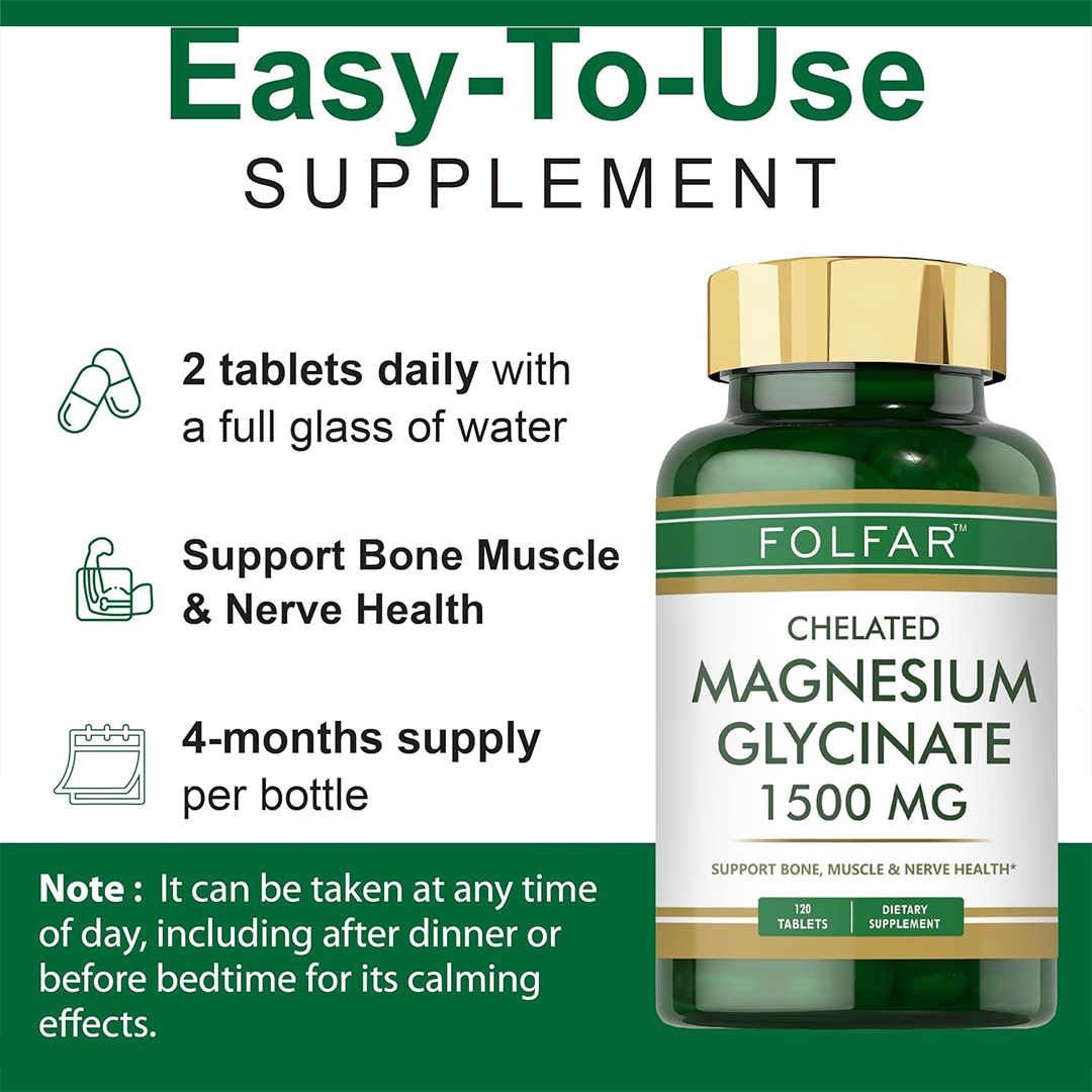 Folfar Chelated Magnesium Glycinate (1500 mg) - 120 Tablets | High Absorption Supplement Supports Bone, Muscle & Nerve Health | Promotes Stress Relief,...