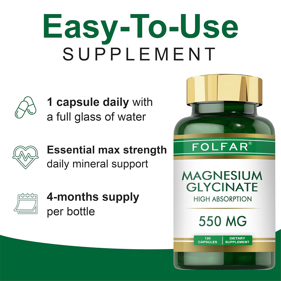Folfar Magnesium Glycinate 550mg, 120 Capsules, Improves Sleep, Calm, Stress Relief, Supports Nerve, Muscle, Bone & Heart Health, Vegan, Third Party...